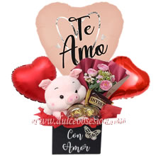 gifts with sweets, gifts for Valentine's Day, gifts for lovers, gift delivery from Lima, gifts for men, stuffed pig, stuffed pig, gifts with stuffed animals, gifts from Peru, gifts with stuffed animals, bouquet of roses, balloons